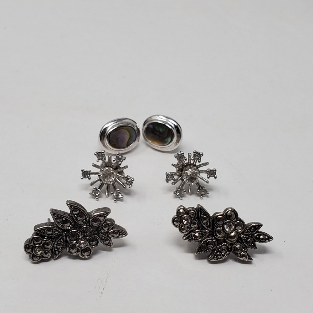 Vintage Lot of 3 Silver stone stamped and rhinestone earrings with post